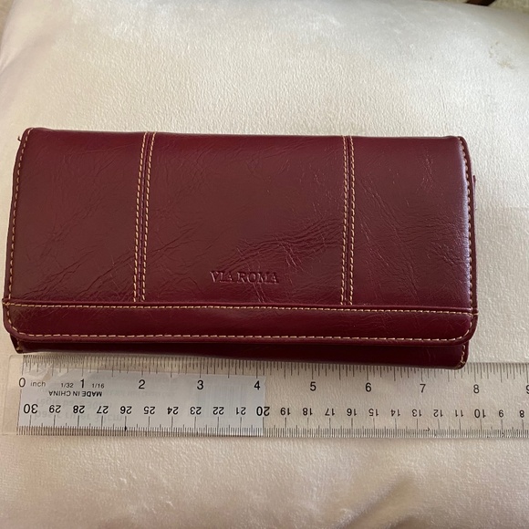 Via Roma Vintage Wallet Zippered Clutch Burgundy Snap Pockets Compartments - Picture 14 of 15